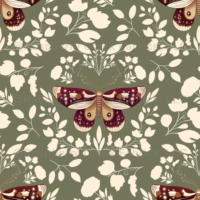 Enchanted Nocturne Moth on Olive Green Wallpaper