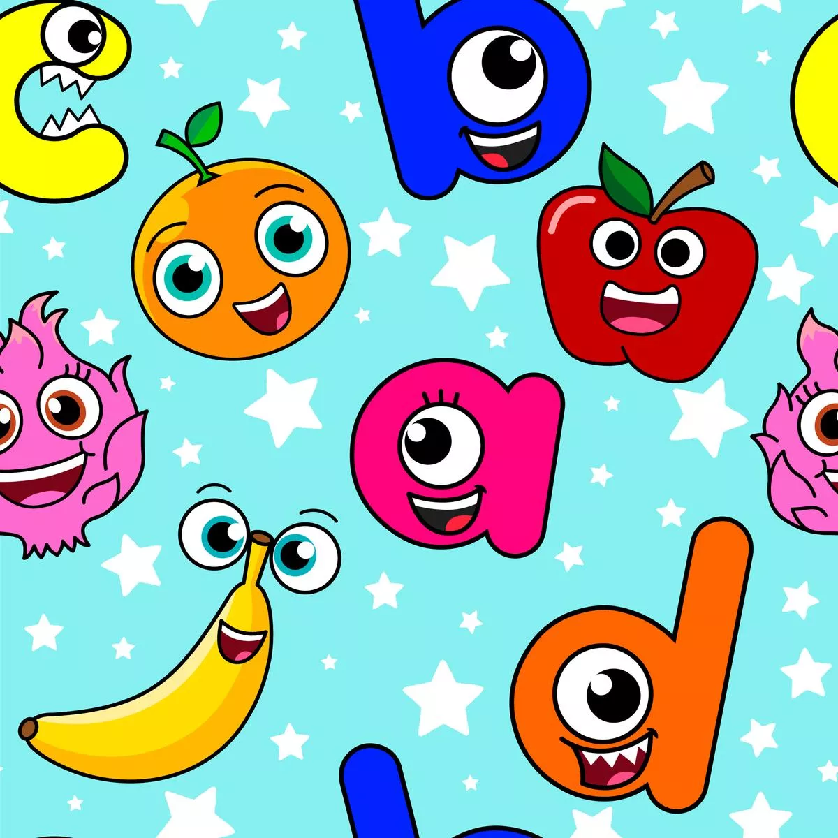 english-tree-cute-fruit-characters-on-blue-fabric English Tree Cute Fruit Characters on Blue Fabric
