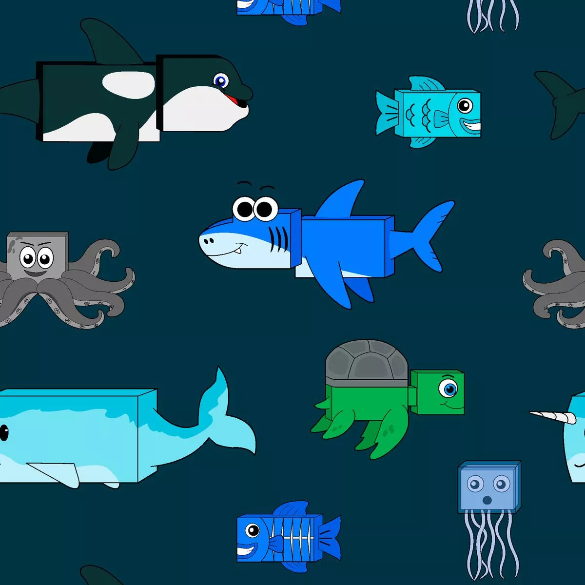 english-tree-cute-ocean-animals-on-navy-fabric English Tree Cute Ocean Animals on Navy Fabric