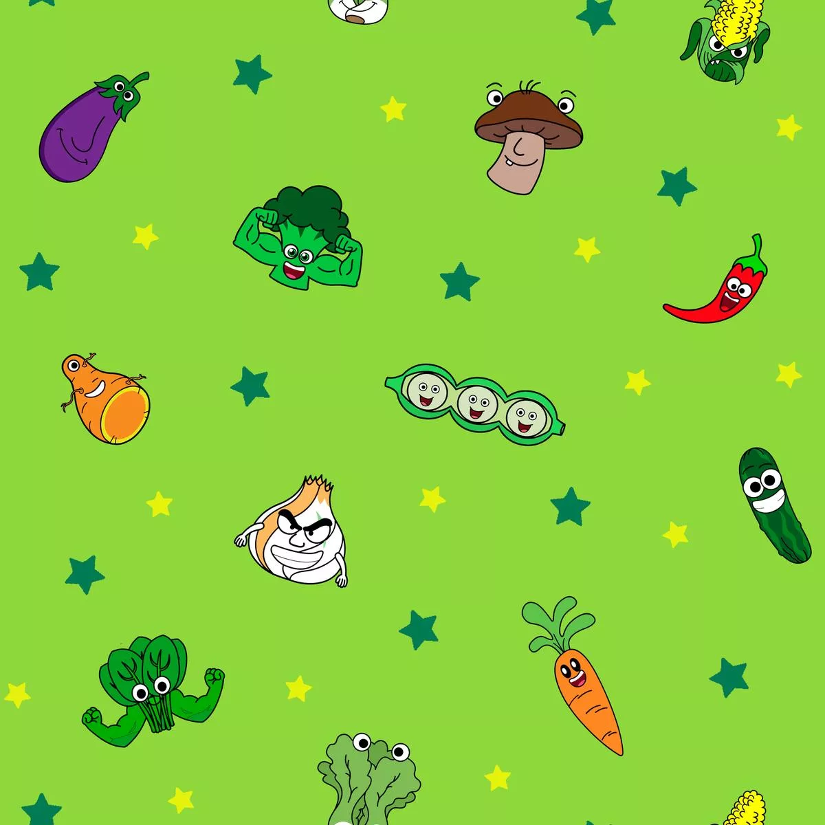 english-tree-happy-veggie-characters-on-green-fabric English Tree Happy Veggie Characters on Green Fabric