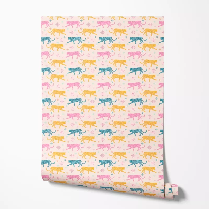ettavee-colorful-leopards-on-light-pink-wallpaper EttaVee Colorful Leopards on Light Pink Wallpaper