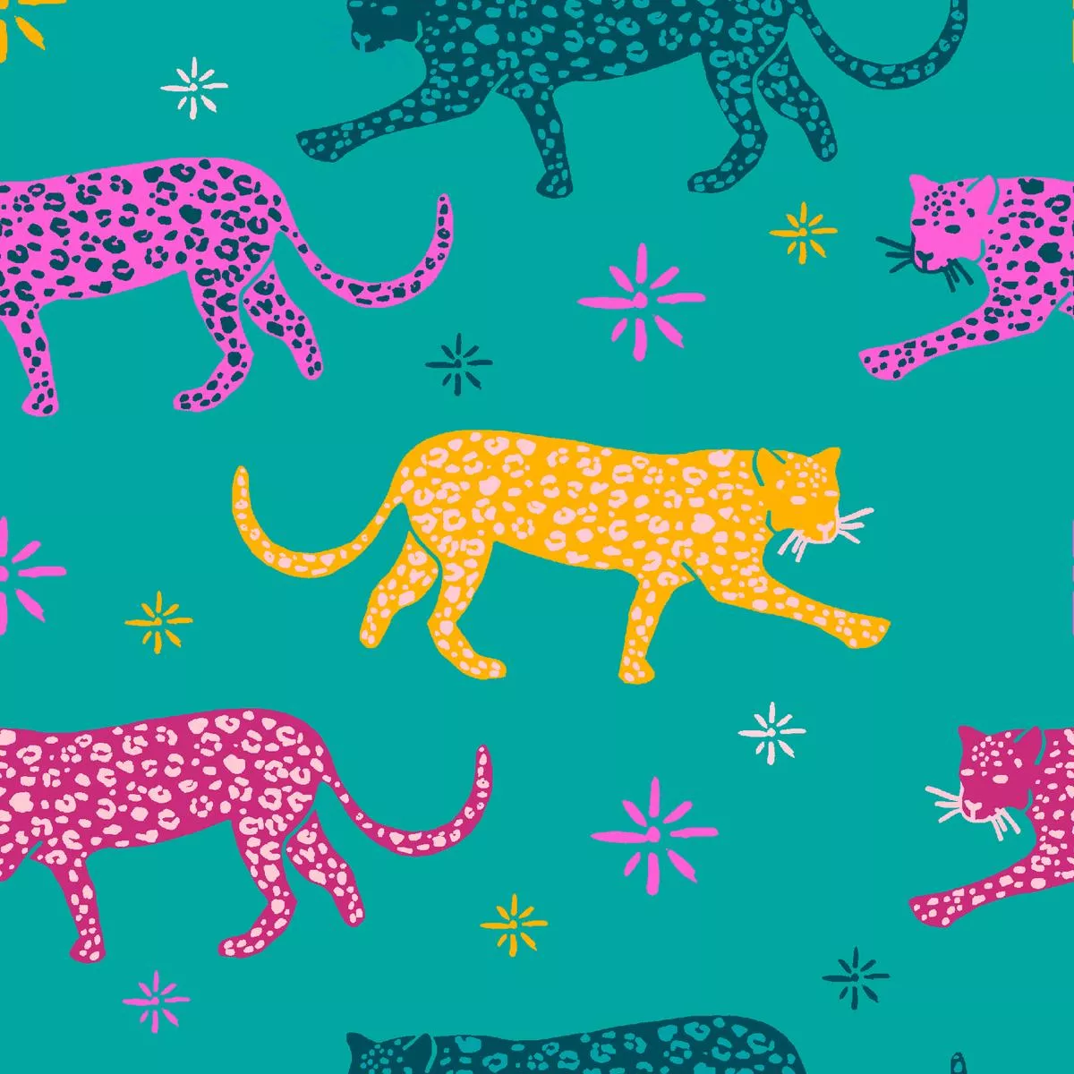 ettavee-colorful-leopards-on-turquoise-fabric EttaVee Colorful Leopards on Turquoise Fabric