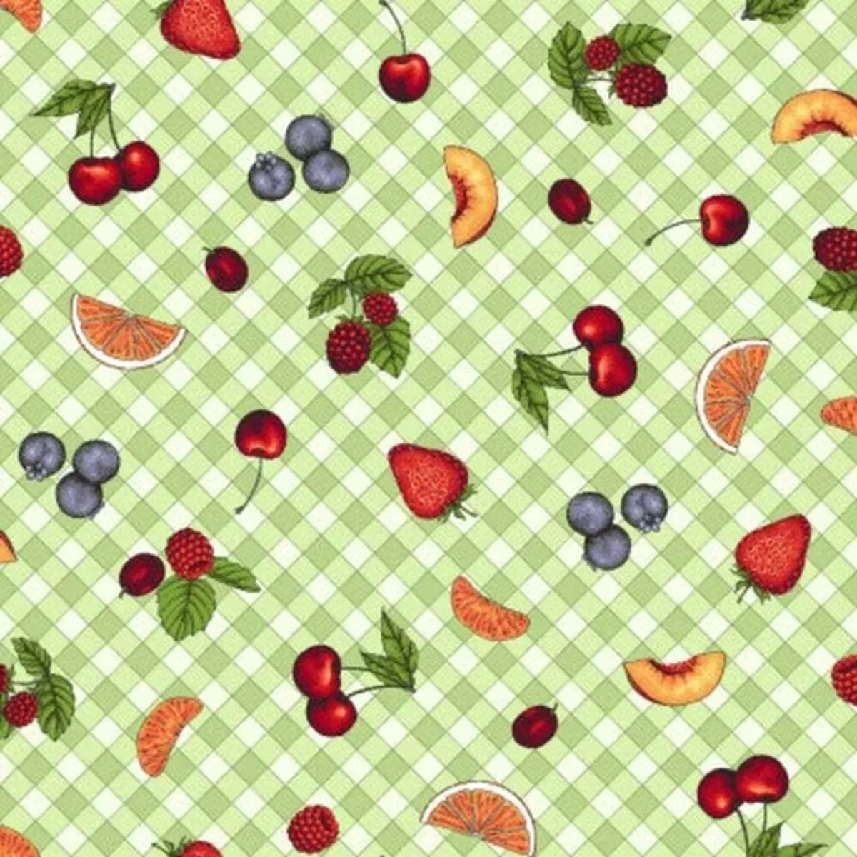 Fancy Fruit Gingham Fruit Green Cotton Fabric