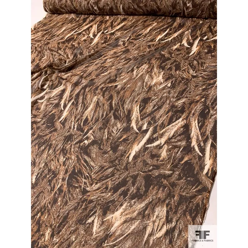 Feathery Leaf Printed Silk Chiffon – Brown / Tan / Beige