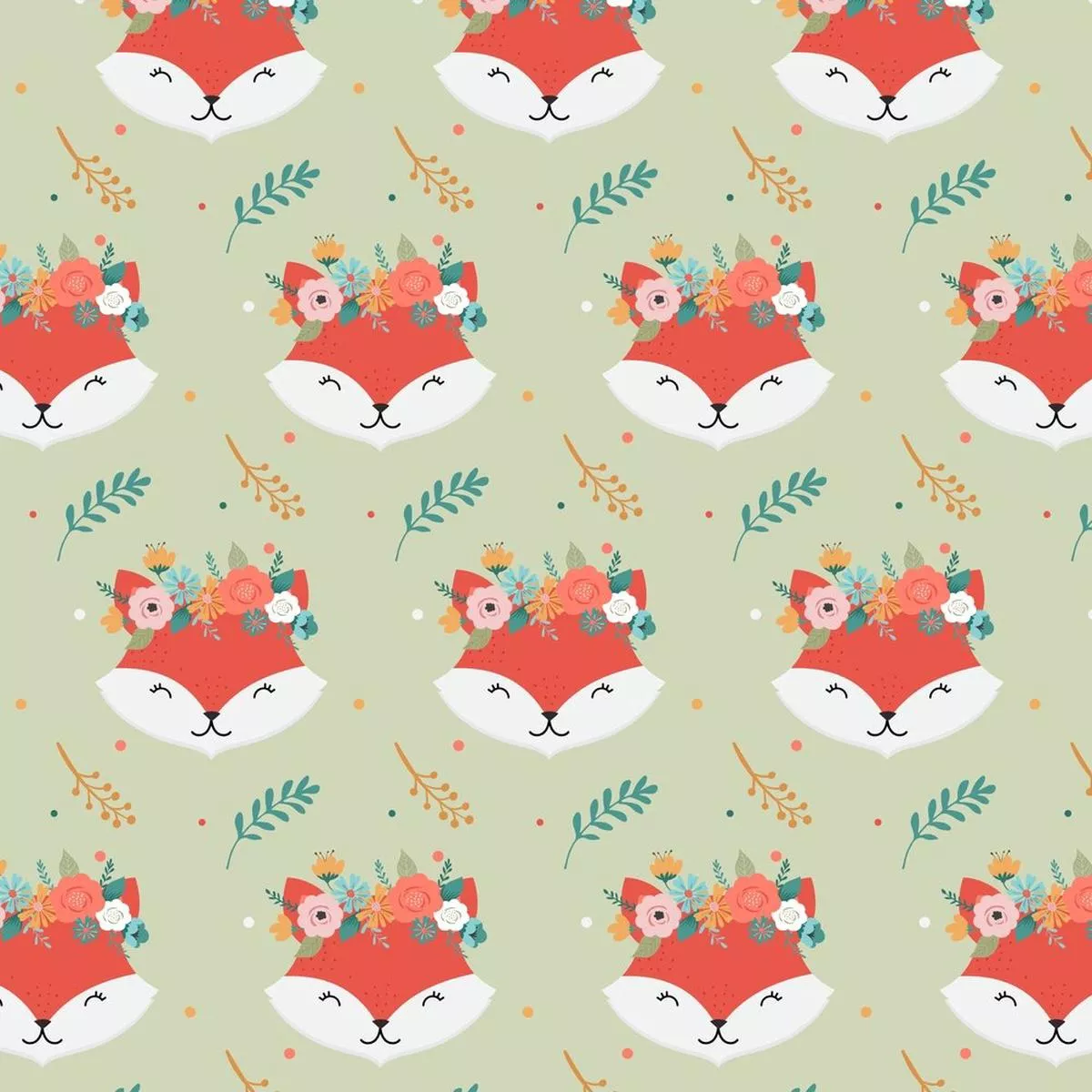 floral-crown-fox-fabric-green Floral Crown Fox Fabric – Green