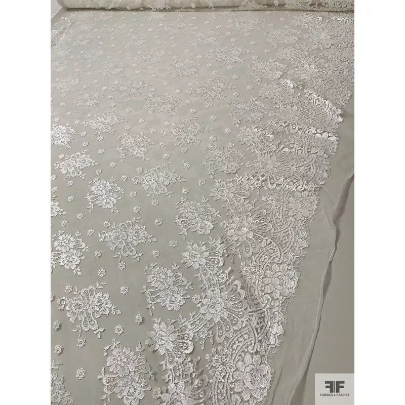 Floral Double-Border Pattern Embroidered Tulle – Off-White