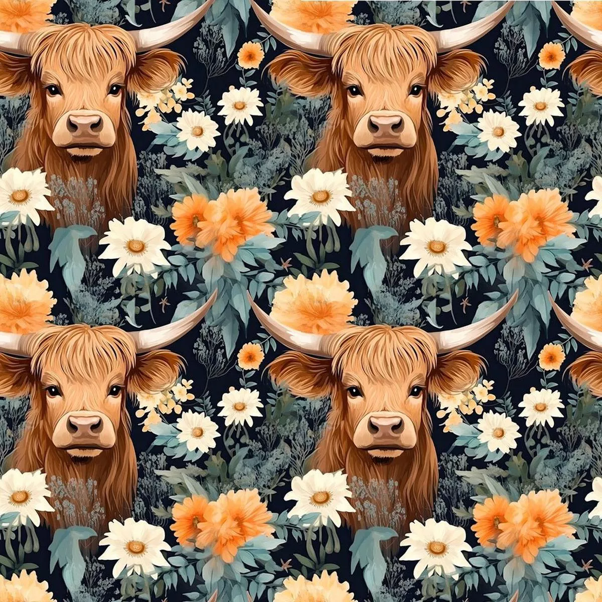 floral-highland-cows-pattern-11-fabric Floral Highland Cows Pattern 11 Fabric