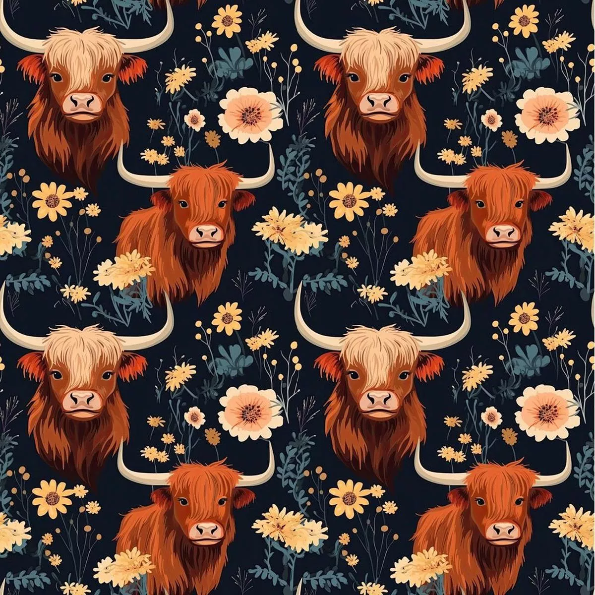 floral-highland-cows-pattern-5-fabric Floral Highland Cows Pattern #5 Fabric