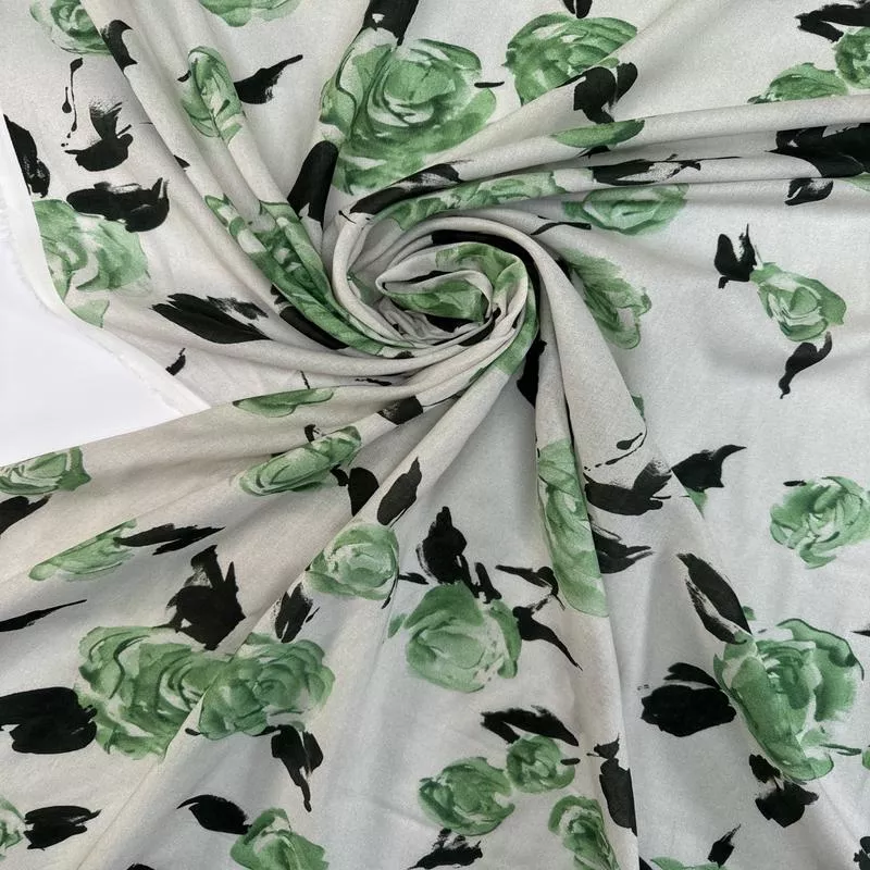 Floral Printed White-Green Viscose Batiste