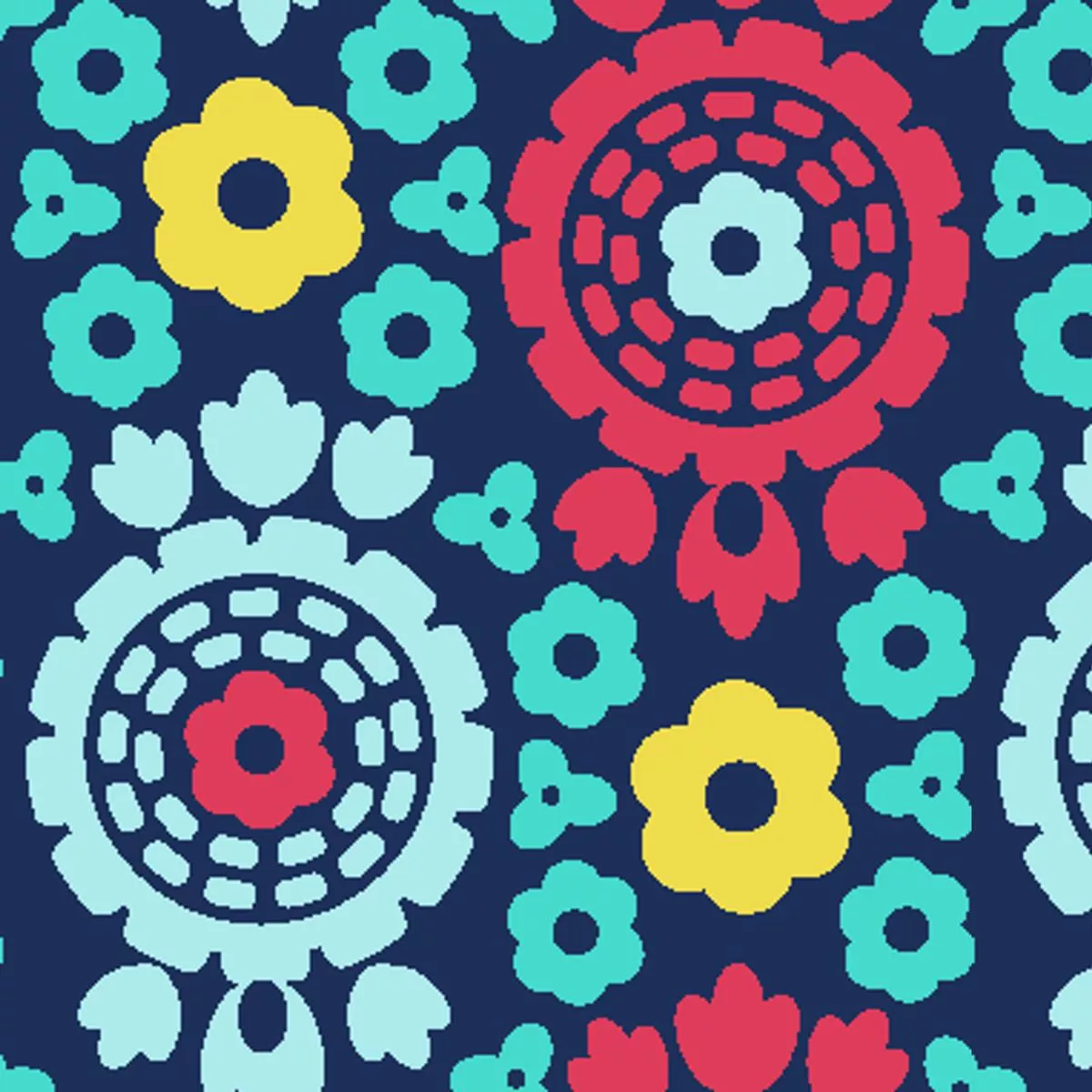 floral-wheels-on-navy-fabric Floral Wheels on Navy Fabric