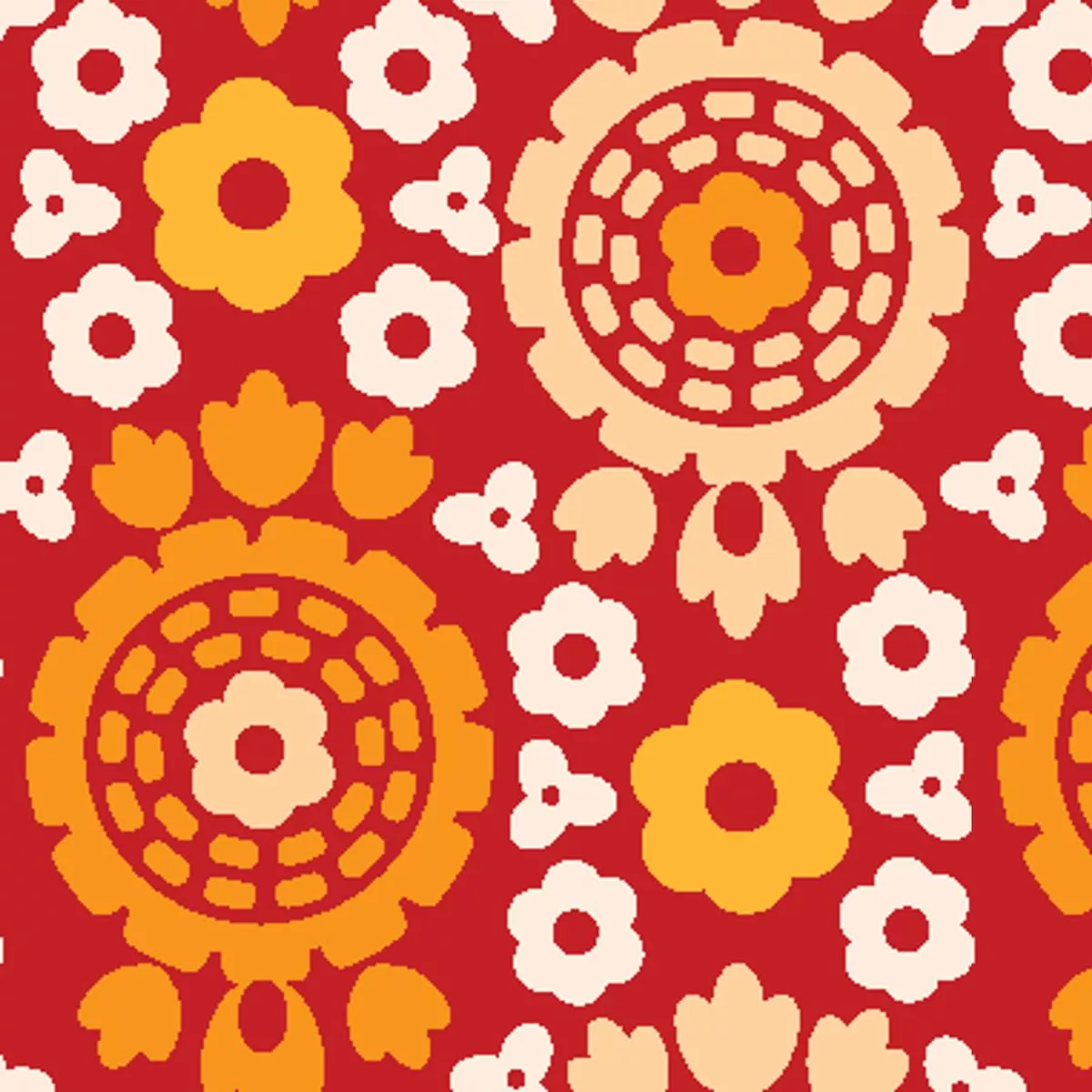 floral-wheels-on-red-fabric Floral Wheels on Red Fabric