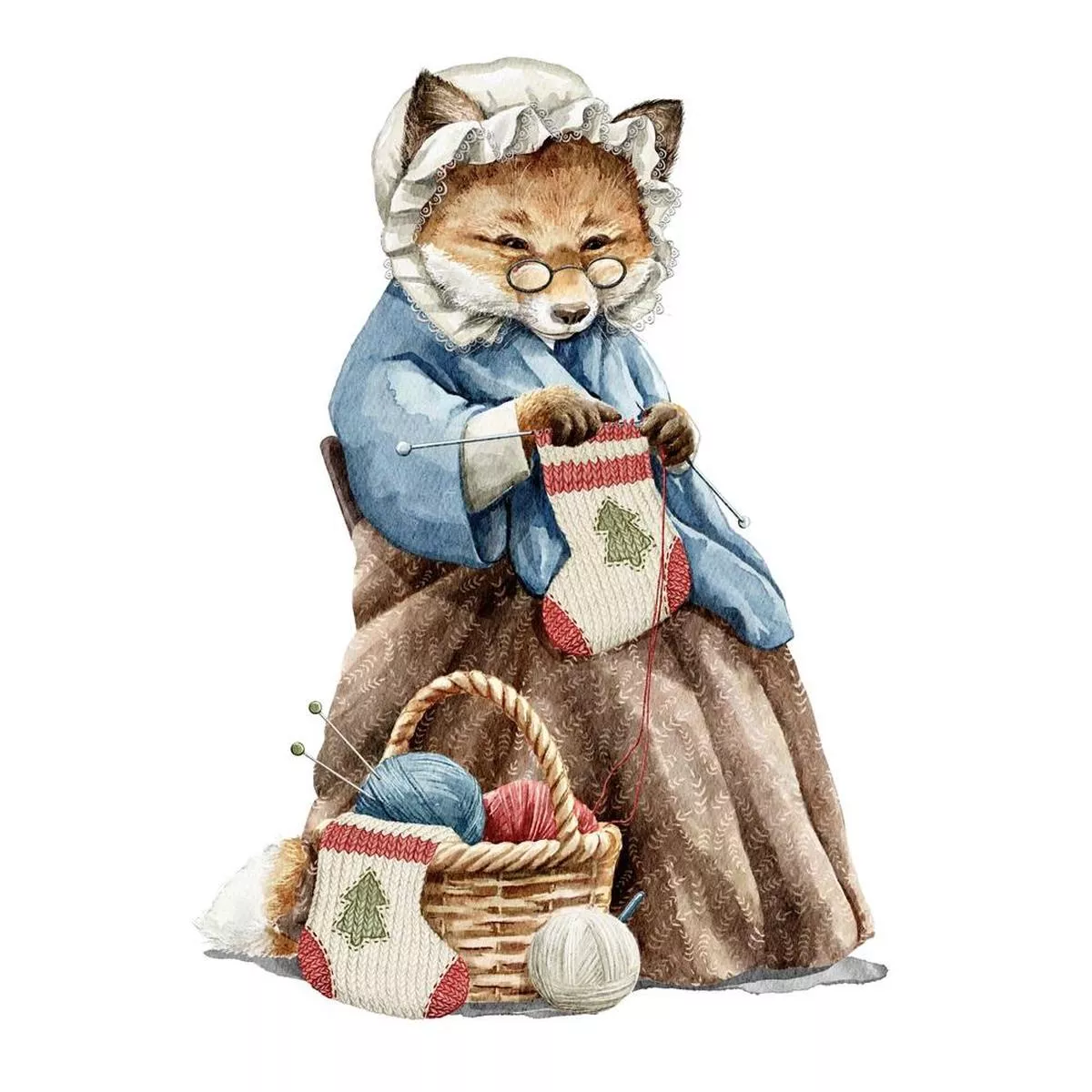 Fox Knitting Christmas Socks Fabric Panel