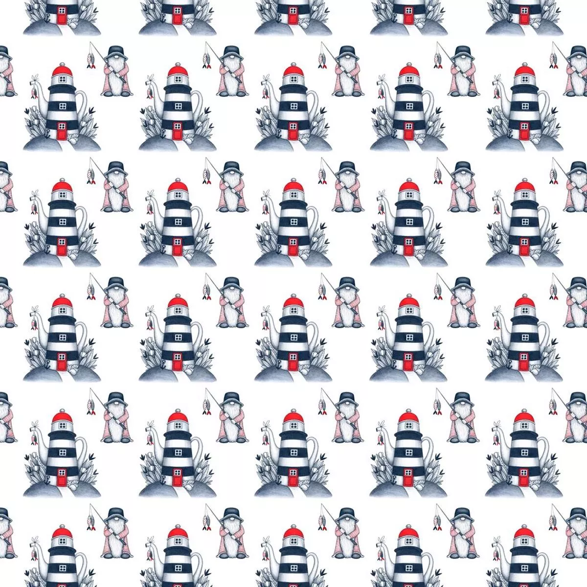 gnome-at-sea-fabric-white Gnome At Sea Fabric – White