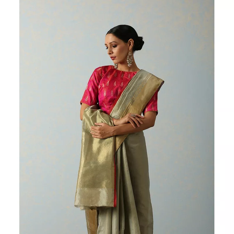 grey-handloom-plain-tissue-chanderi-saree-with-zari-border Grey Handloom Plain Tissue Chanderi Saree With Zari Border