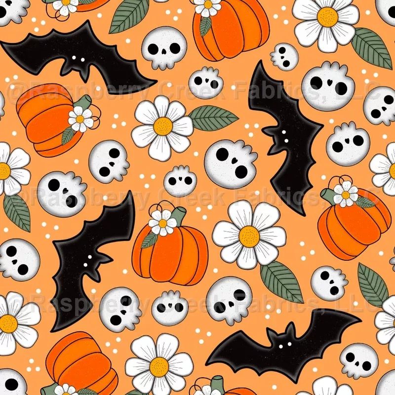 Halloween Pumpkins Skulls Daisies Bats Orange