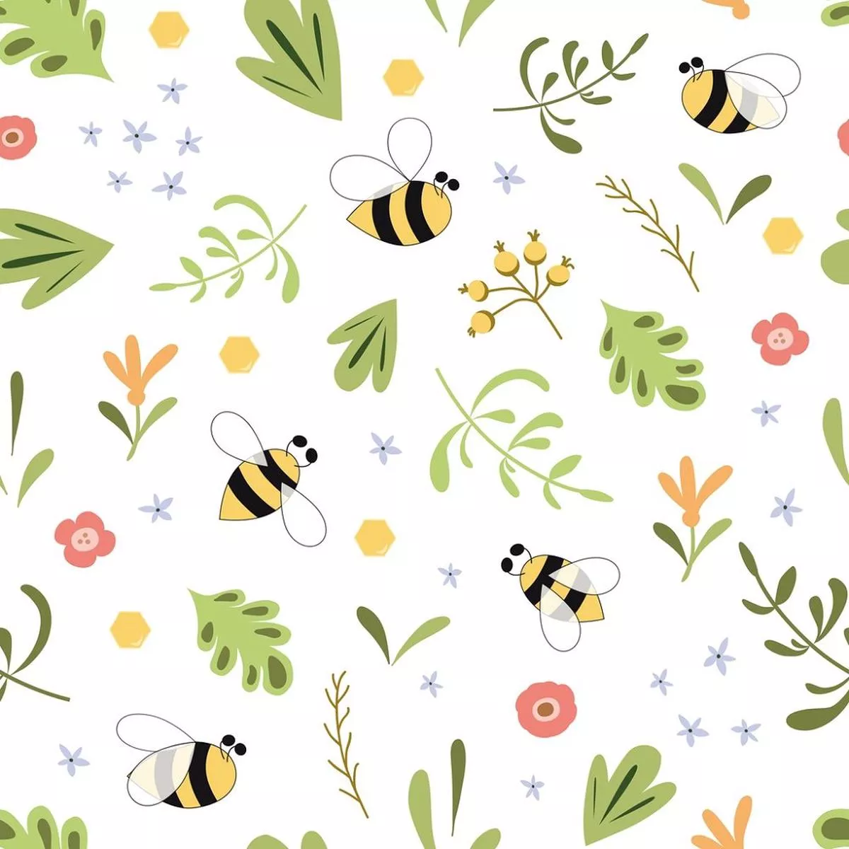 hand-drawn-cartoon-bee-herb-fabric-white Hand Drawn Cartoon Bee Herb Fabric – White