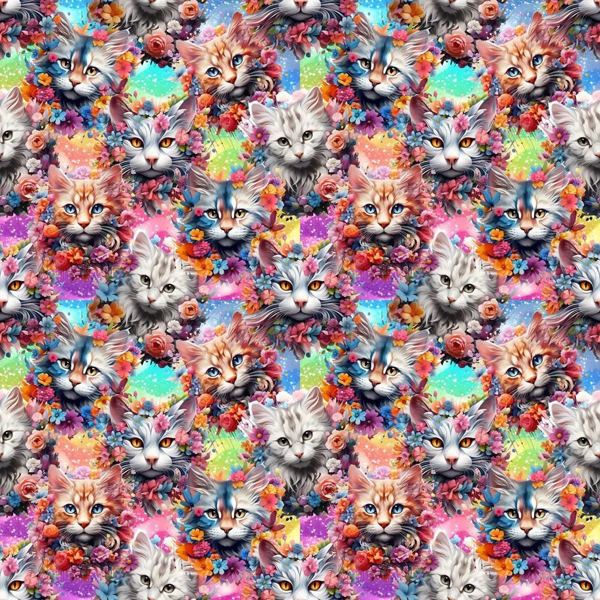 hand-painted-abstract-cats-floral-fabric Hand Painted Abstract Cats & Floral Fabric