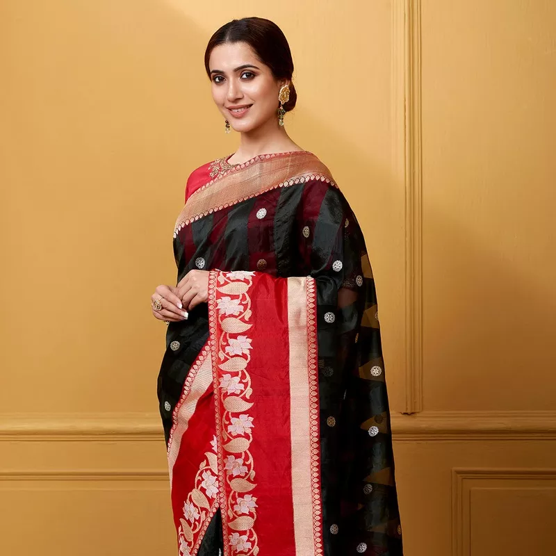 Handloom Black Self Checks with Red Border