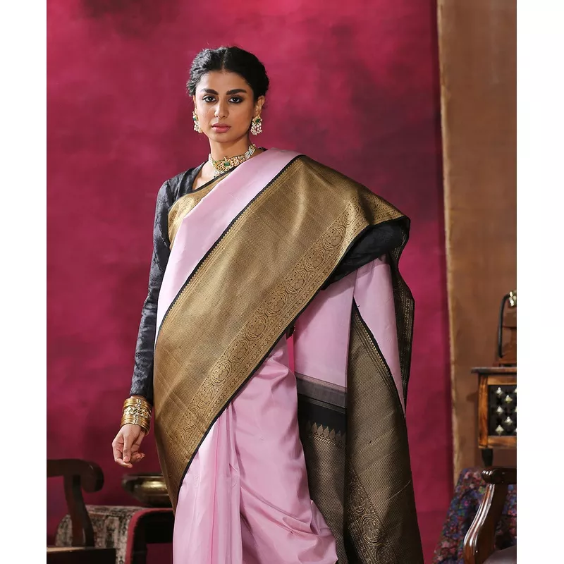 handloom-pink-pure-silk-kanjivaram-saree-with-thread-work-border Handloom Pink Pure Silk Kanjivaram Saree With Thread Work Border