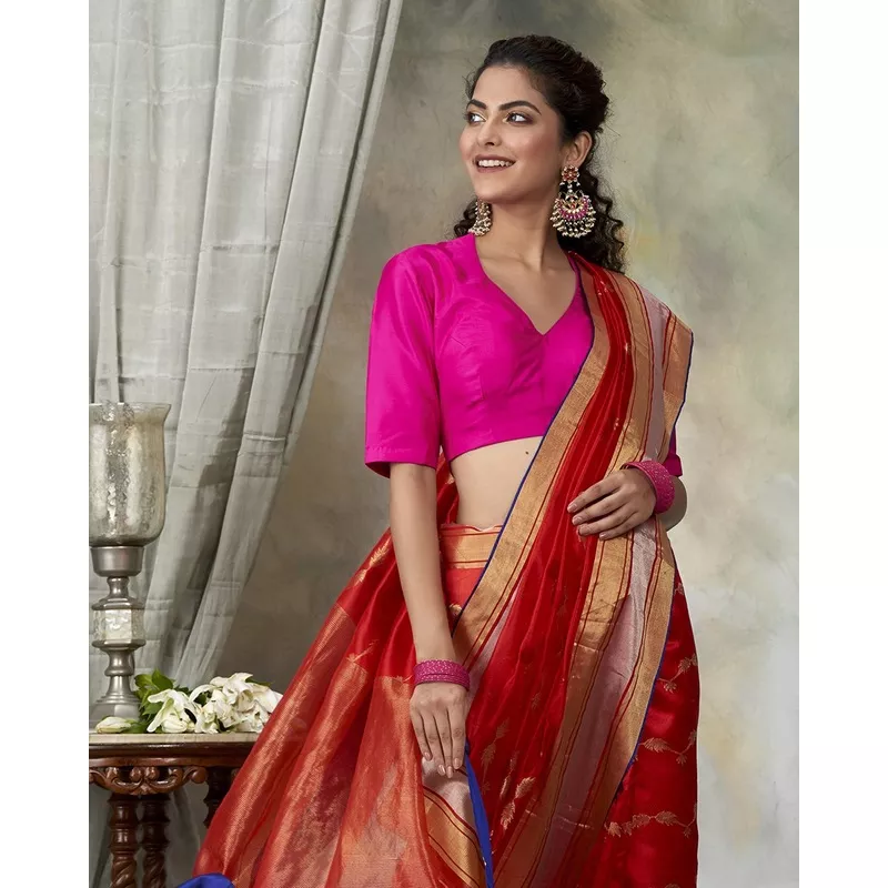 Handloom Red Chanderi Silk Saree with All Over Jaal