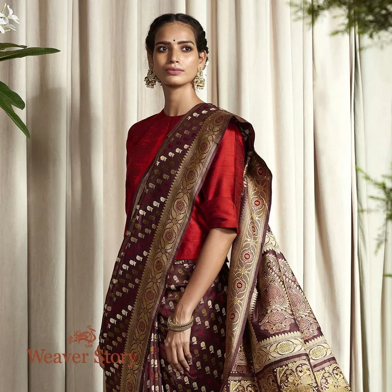 Handloom Wine Elephant Pallu Baluchari Saree – preOrder