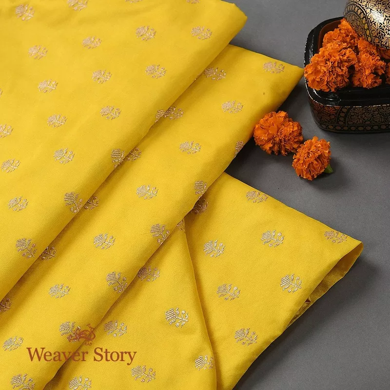 handloom-yellow-leaf-booti-fabric-in-katan-silk Handloom Yellow Leaf Booti Fabric in Katan Silk