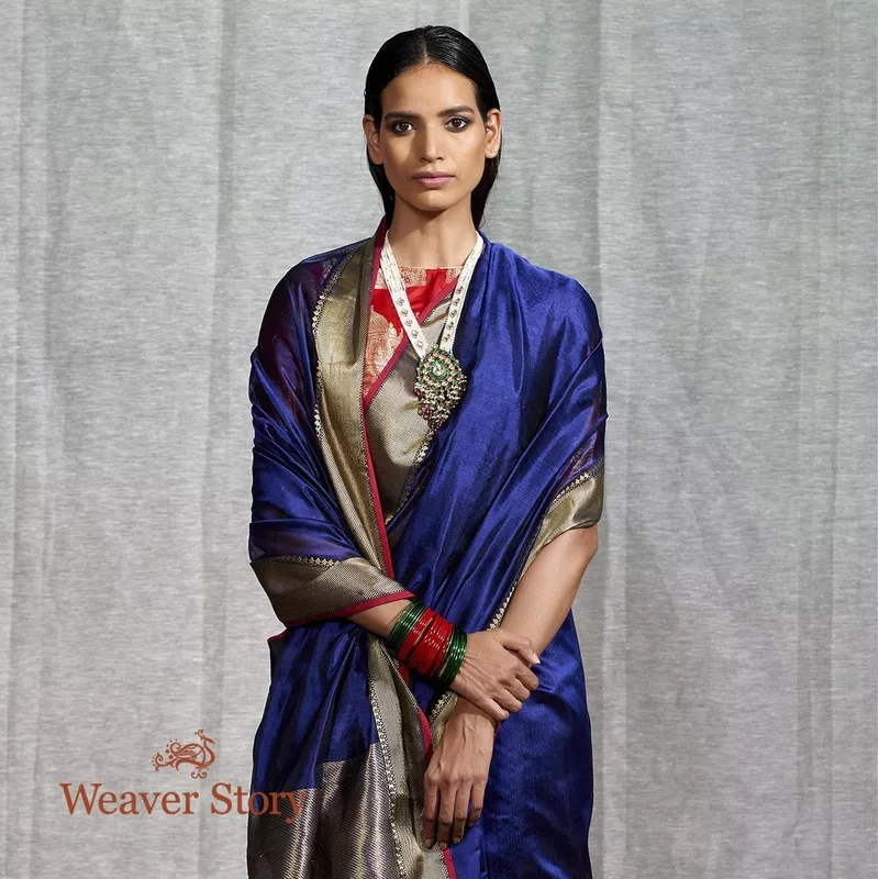 Handwoven Blue Plain Silk Cotton Saree with Solid Zari Border
