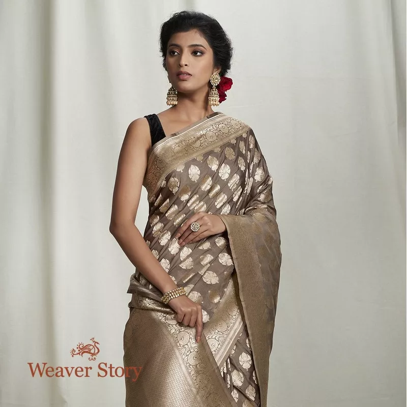 Handwoven Brown Banarasi Cutwork Booti Saree