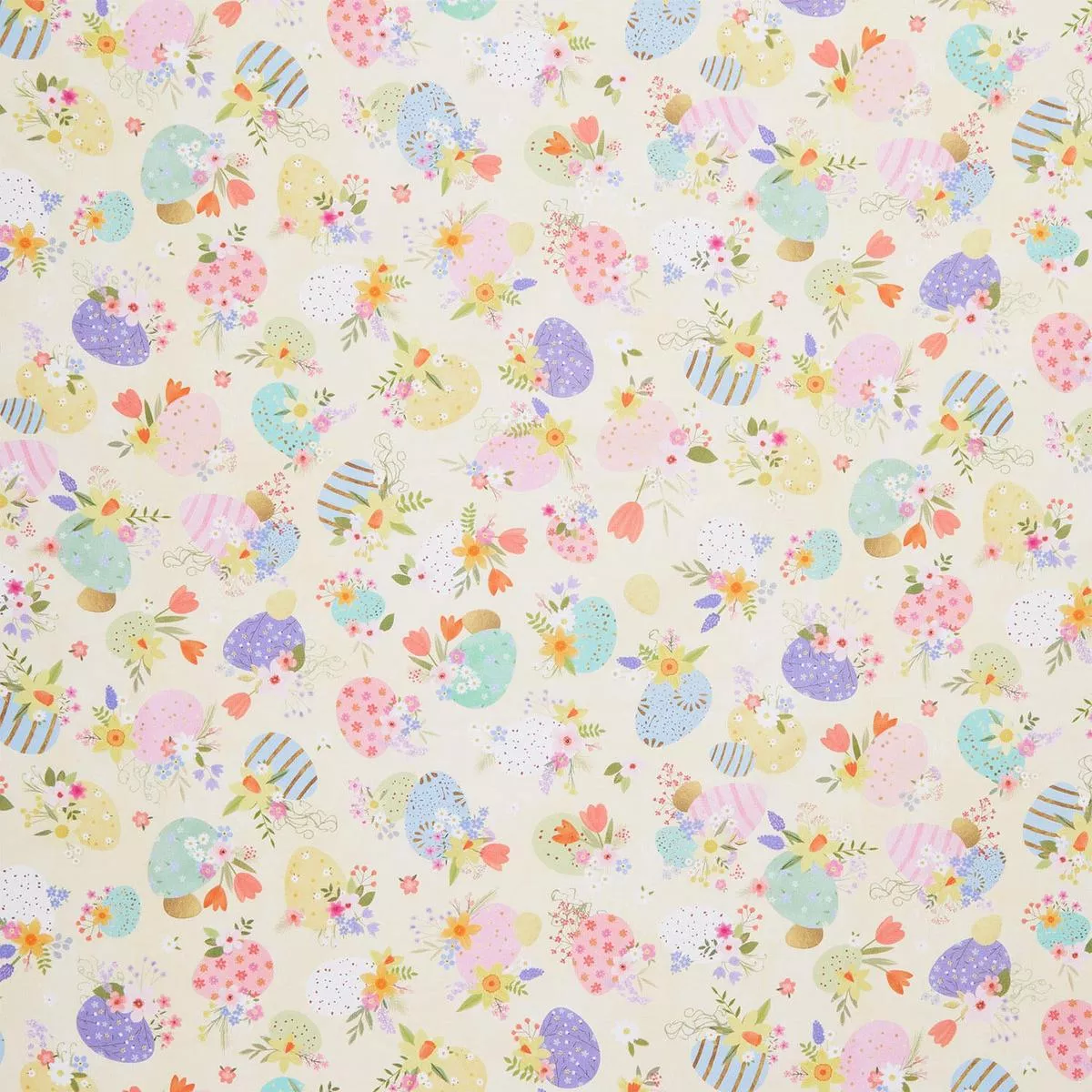 Happy Easter – Tossed Easter Eggs, Flowers Cream Yardage
