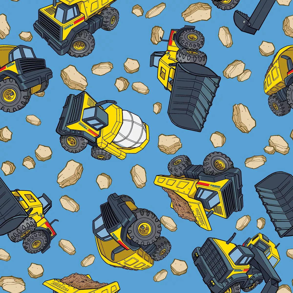Hasbro Tonka Construction Trucks on Blue Fabric