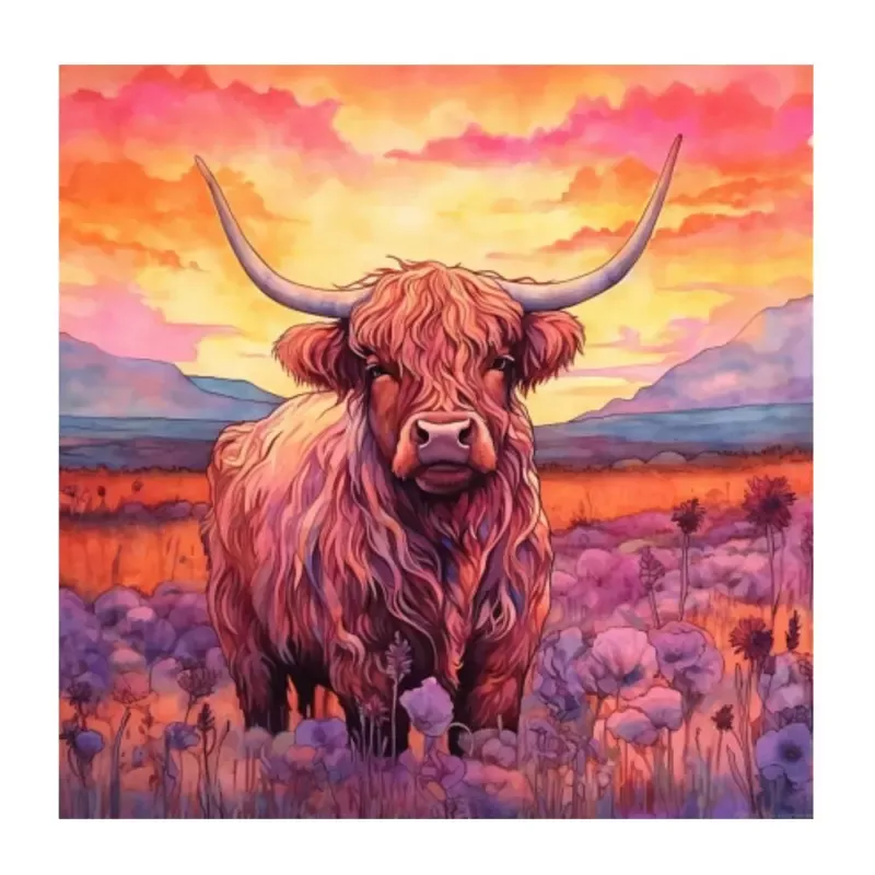 highland-cow-sunset-portrait-2-fabric-panel Highland Cow & Sunset Portrait #2 Fabric Panel
