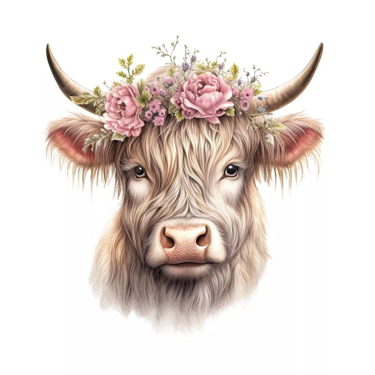 Highland Cow With Flower Crown #3 Fabric Panel