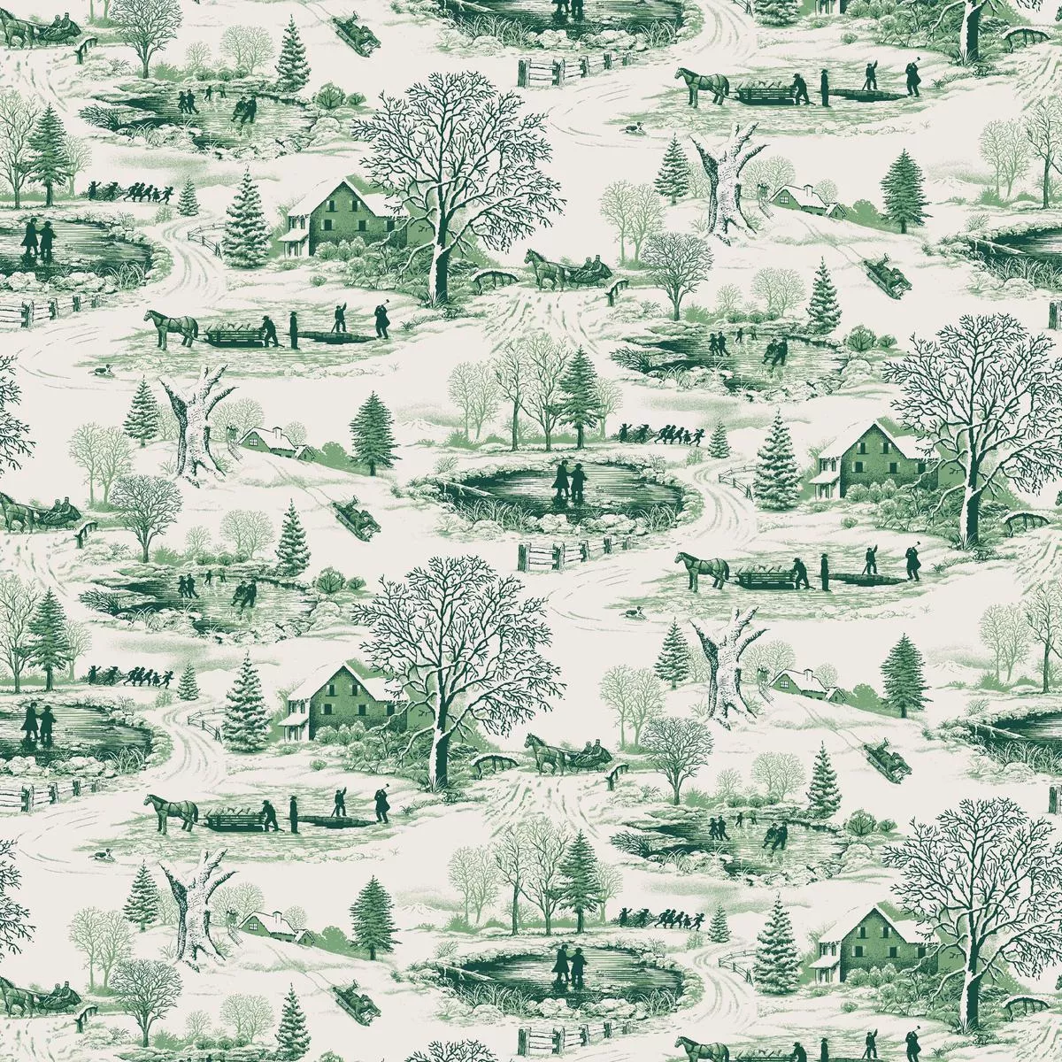 holiday-landscape-on-green-fabric Holiday Landscape on Green Fabric