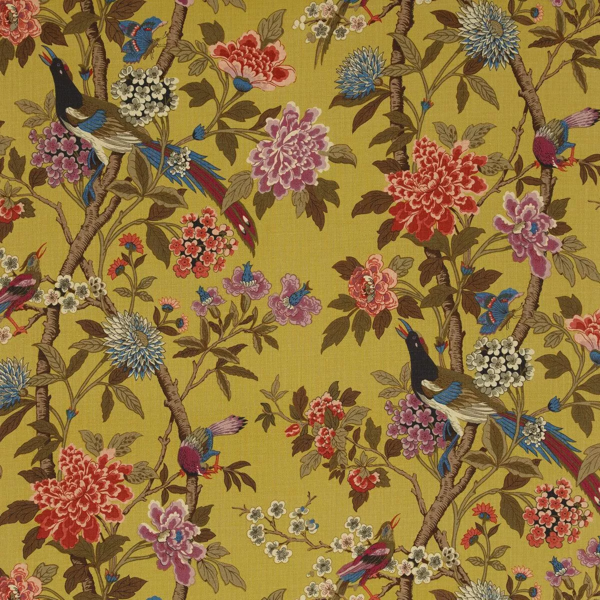 hydrangea-bird-mustard-mauve-fabric Hydrangea Bird Mustard/Mauve Fabric