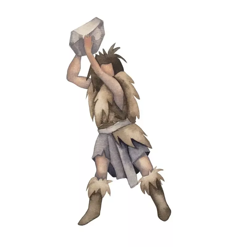 Ice Age Caveman Hunting with Rock Fabric Panel