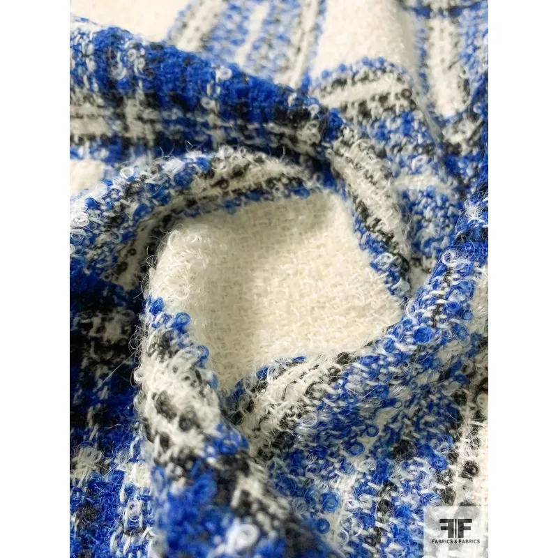 Italian Plaid Boucle Jacket Weight Wool Suiting – Royal Blue / Black / Ivory