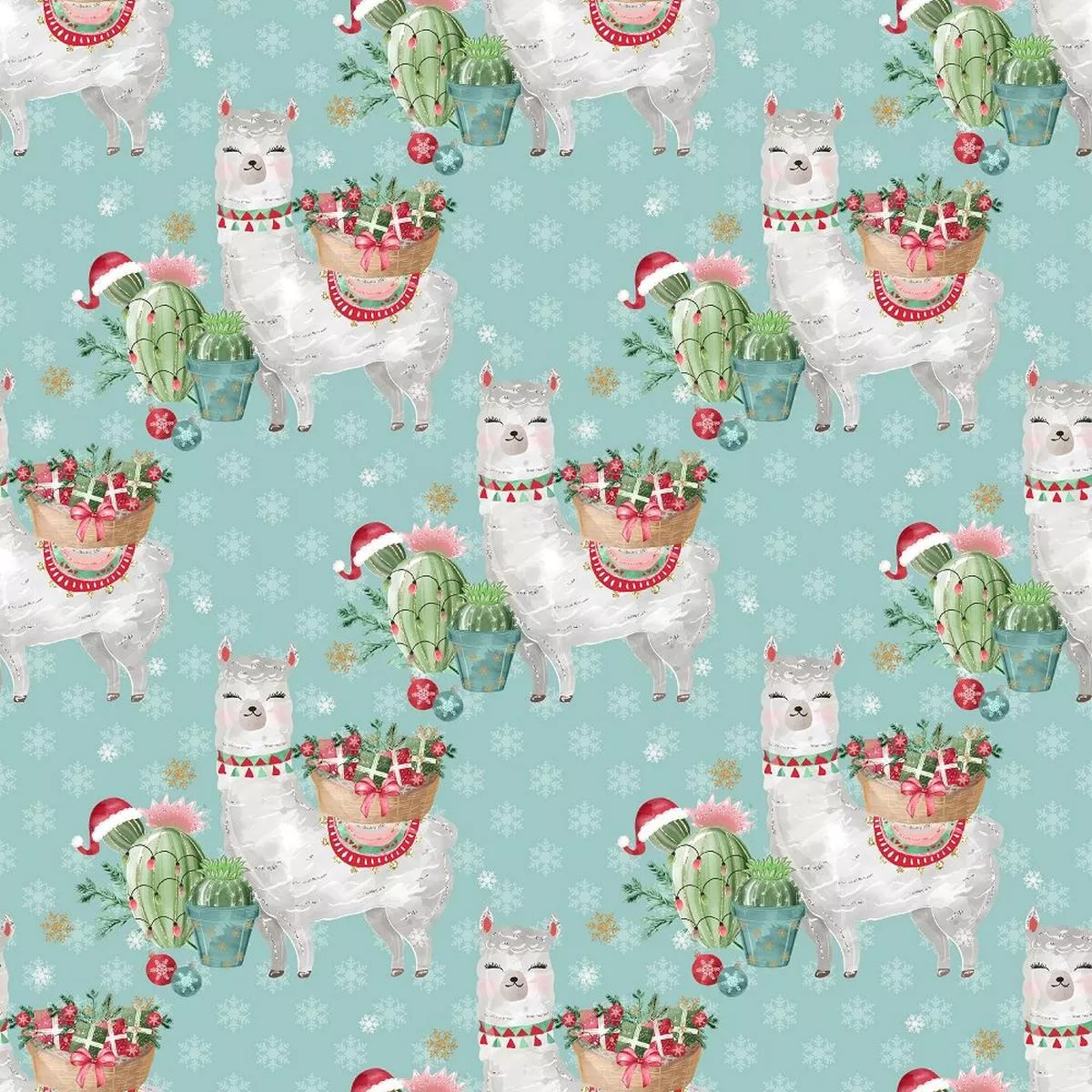 jolly-llama-on-snowflake-fabric-teal Jolly Llama on Snowflake Fabric – Teal