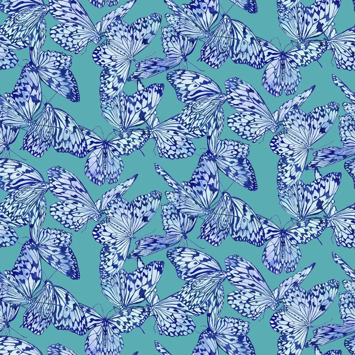 kate-ward-thacker-blue-butterflies-on-teal-pattern-fabric Kate Ward Thacker – Blue Butterflies on Teal Pattern Fabric