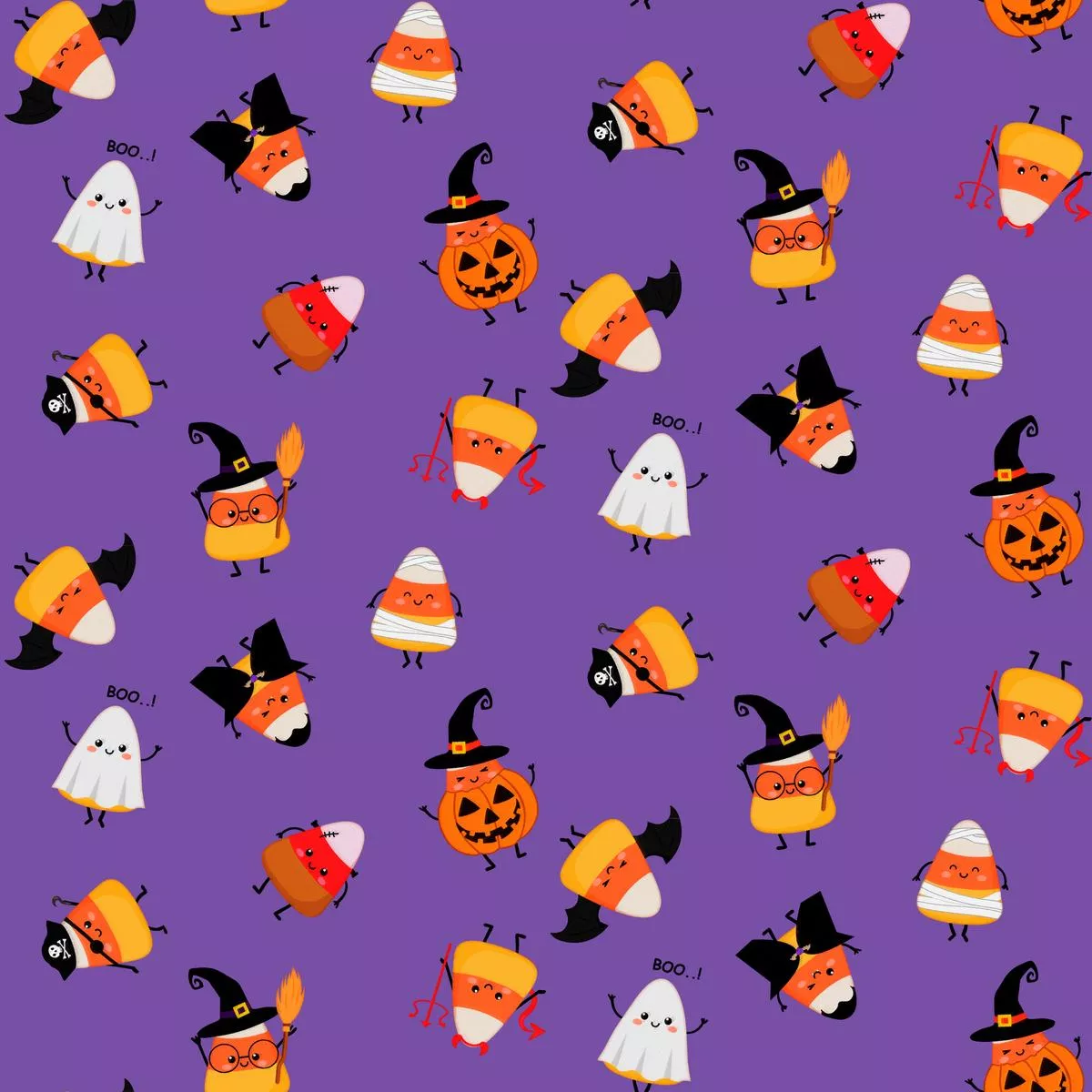 kate-ward-thacker-cute-halloween-characters-on-purple-fabric Kate Ward Thacker Cute Halloween Characters on Purple Fabric