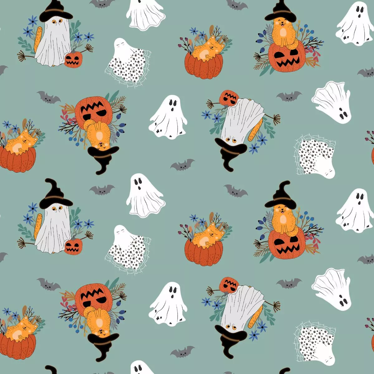 Kate Ward Thacker – Ghosts & Pumpkins – Green Fabric