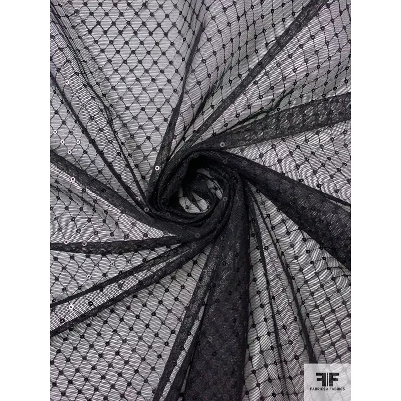 Lattice Grid Sequins Stitched on Fine Tulle – Black