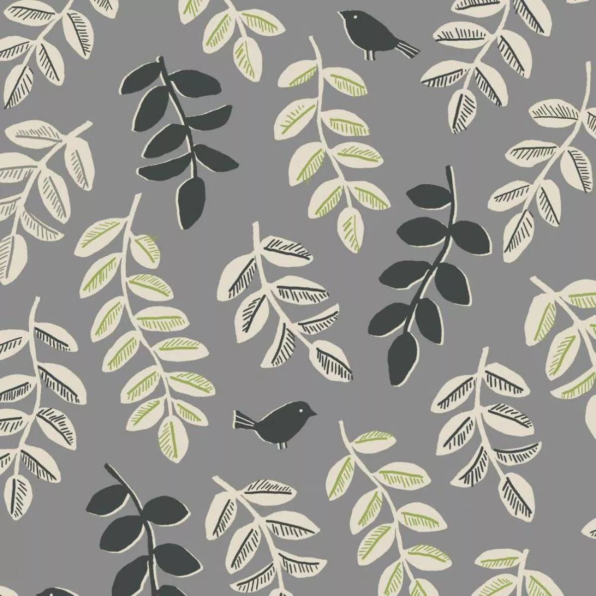 Leaves + Tiny Birds Gray by Cosmo