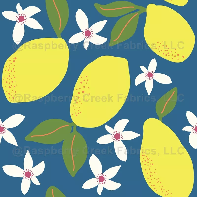 Lemons and Blossoms Mediterranean Pattern Yellow and Blue