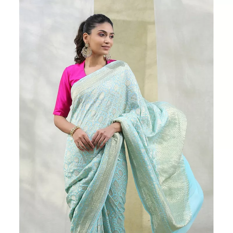 light-blue-handloom-georgette-banarasi-saree-with-cutwork-technique Light Blue Handloom Georgette Banarasi Saree with Cutwork Technique