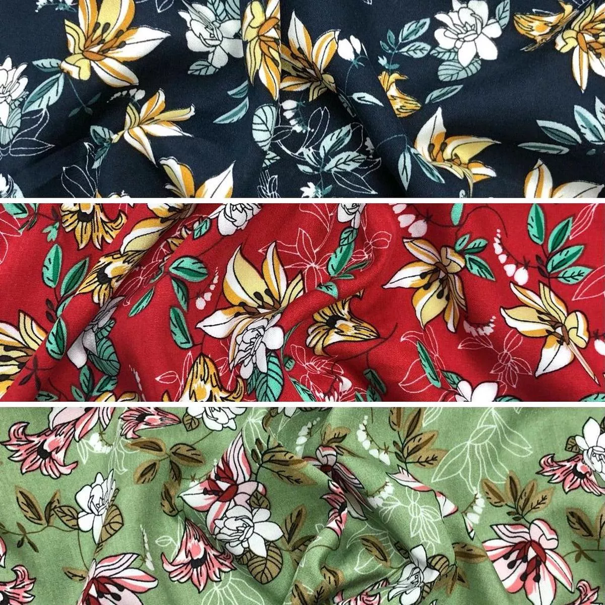 Lilies and Delicate Leaves Viscose Challis Fabric