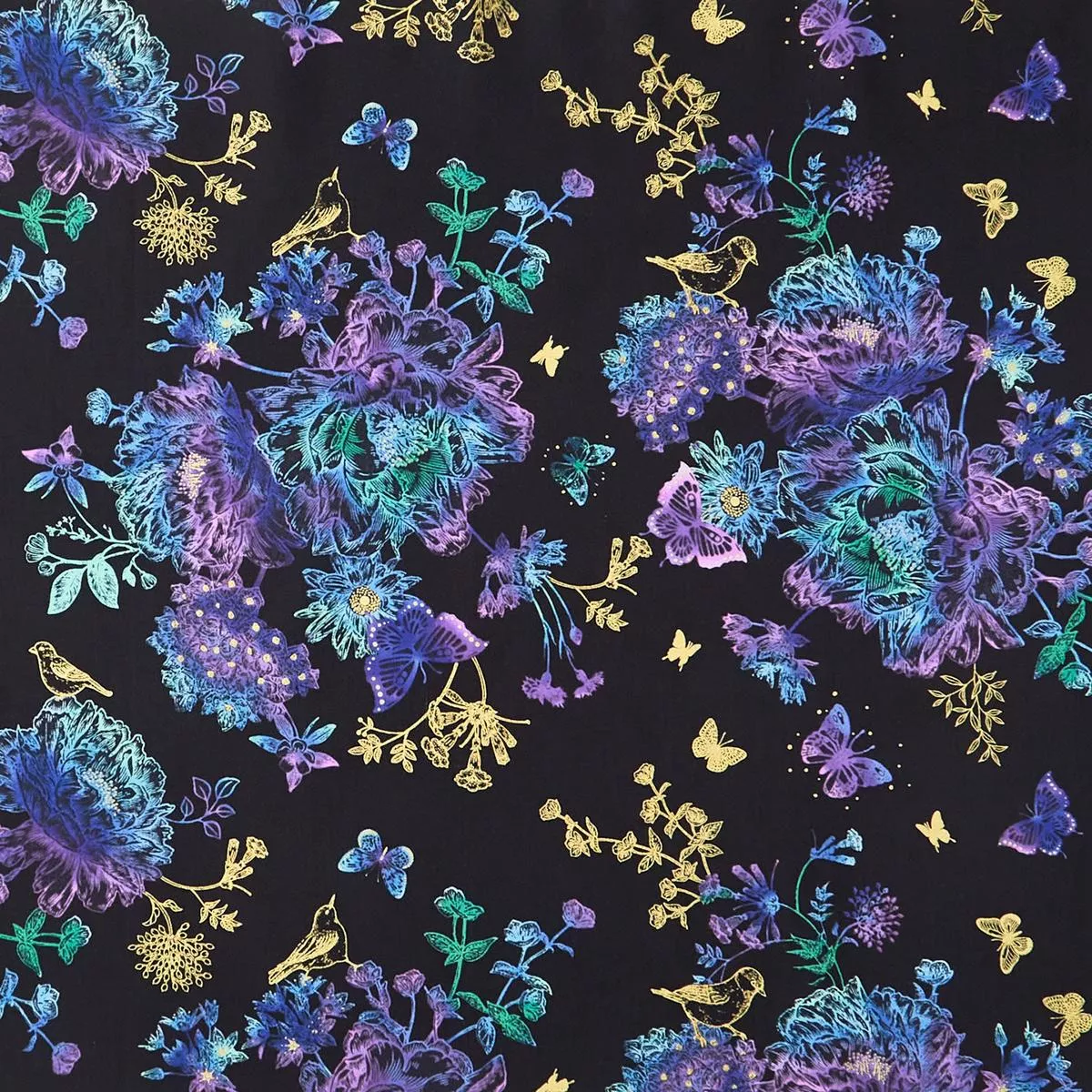 Luminous – Floral Bird Etching Black Metallic Yardage
