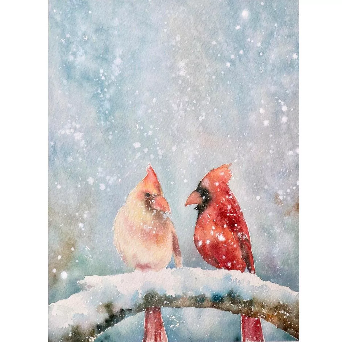 Merry Christmas Snowstorm Two Birds Fabric Panel