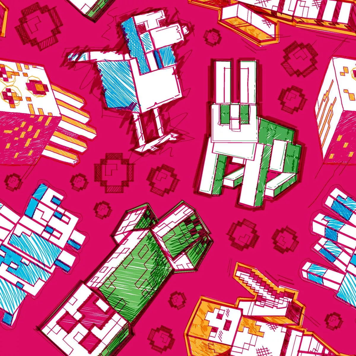 Minecraft Pixelated Animals on Magenta Fabric
