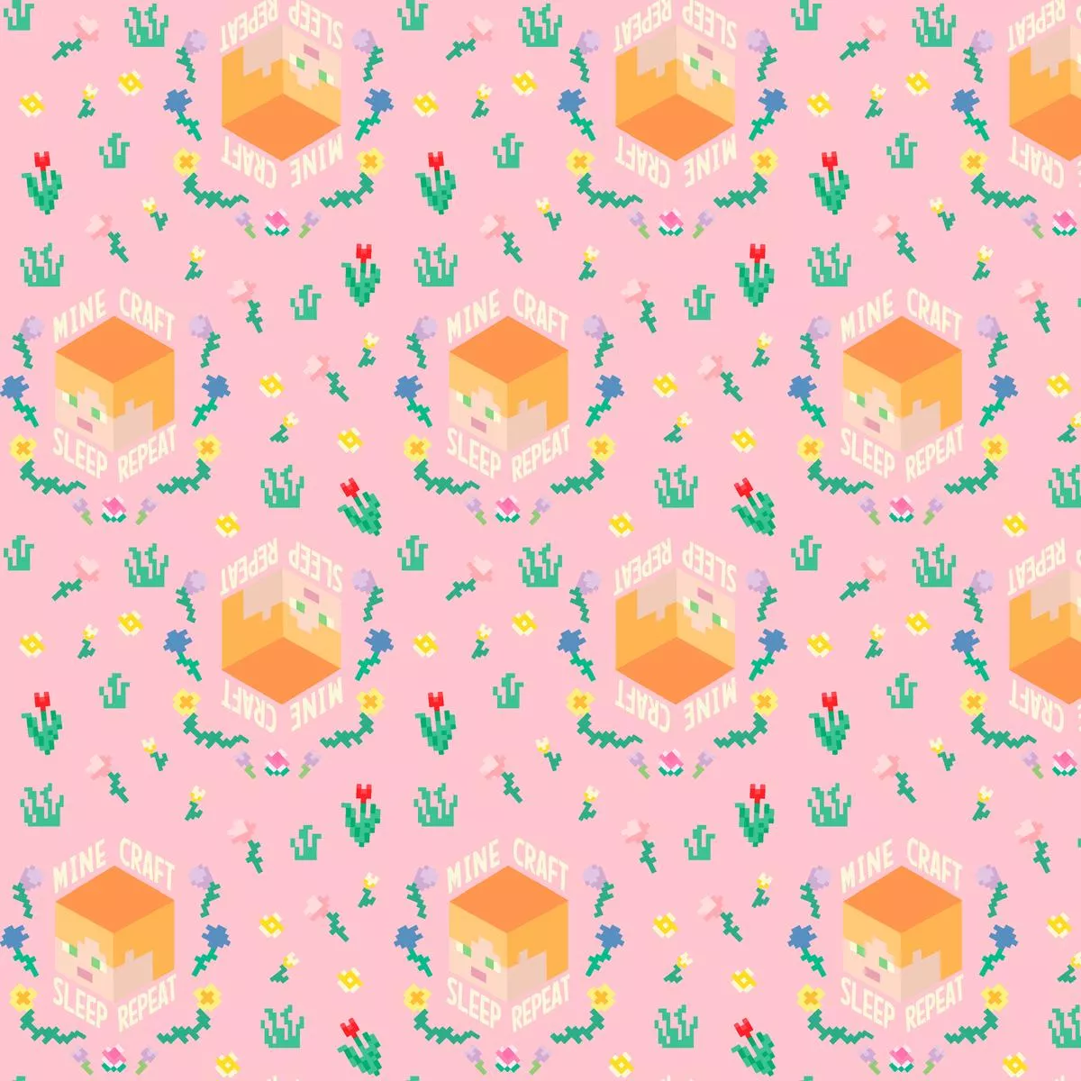 minecraft-sleep-repeat-on-pink-fabric Minecraft Sleep Repeat on Pink Fabric