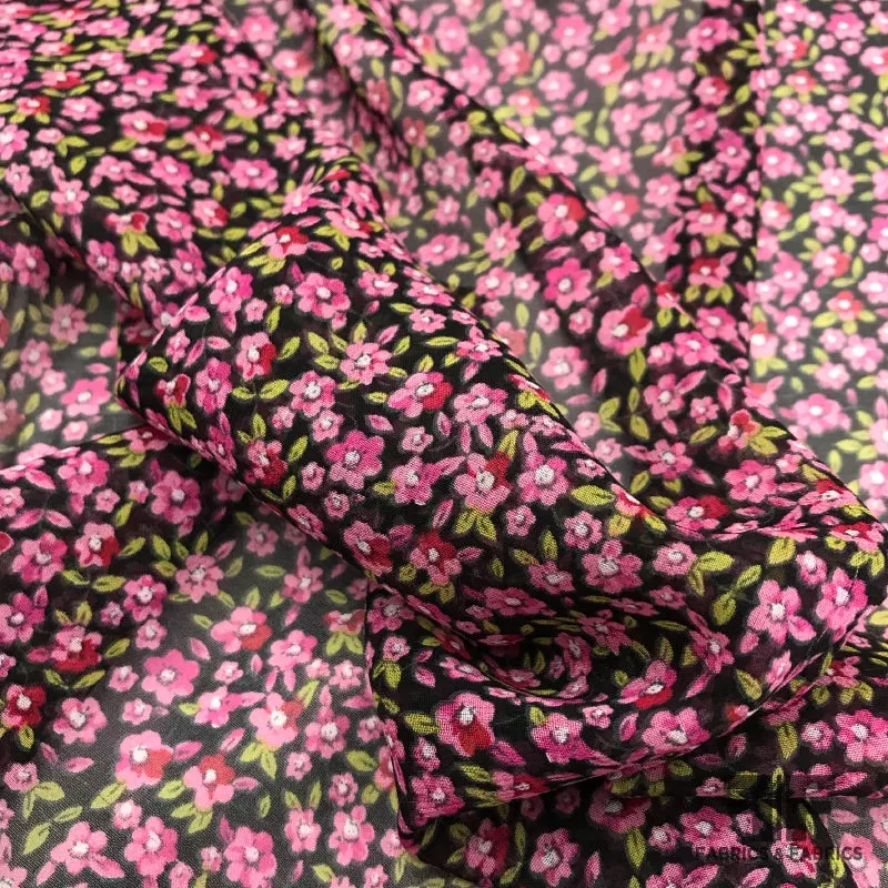 Mini Floral Printed Silk Chiffon – Black/Pink
